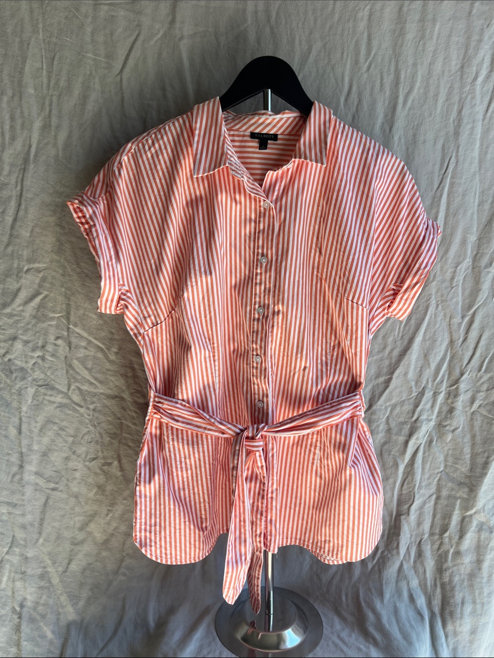 Talbots Size Large Coral White Striped Tie Waist Button Down Shirt 100% Cotton